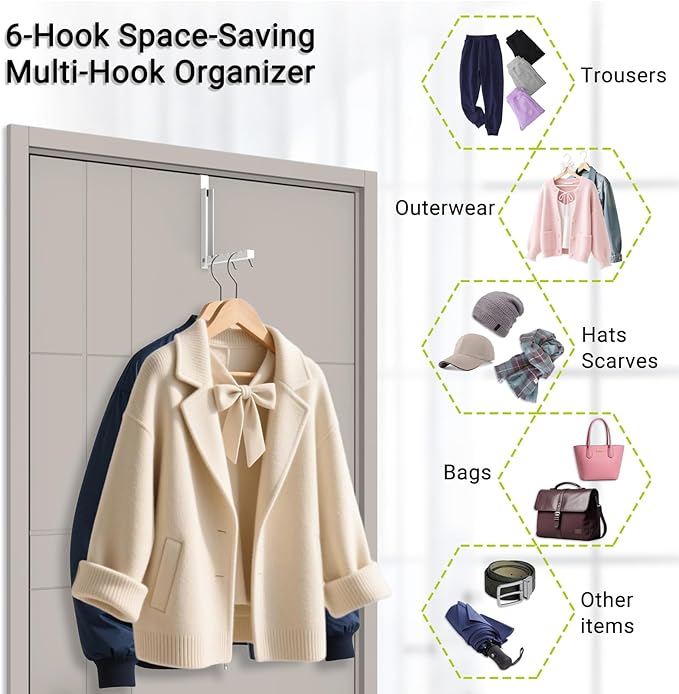 2-Pack Foldable Over The Door Organizer, 6 Grooves for Coats, Hats, Bags, Towels | Collapsible Storage Space Saver for Entryway, Bedroom, Bathroom, Dorm, Travel | White