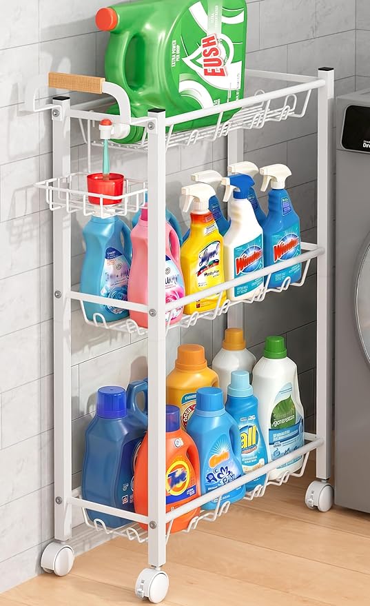 AOODA Laundry Room Cart with Top Detergent Holder, Metal Rolling Storage Cart Between Washer and Dryer, 3 Tier Narrow Laundry Room Organization and Storage with Wheels (White)