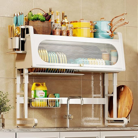 Over The Sink Dish Drying Rack, 3-Tier Kitchen Dish Drainer Rack Height Adjustable Dishware Holder Utensil Organizer Metal Storage Shelf for Countertop