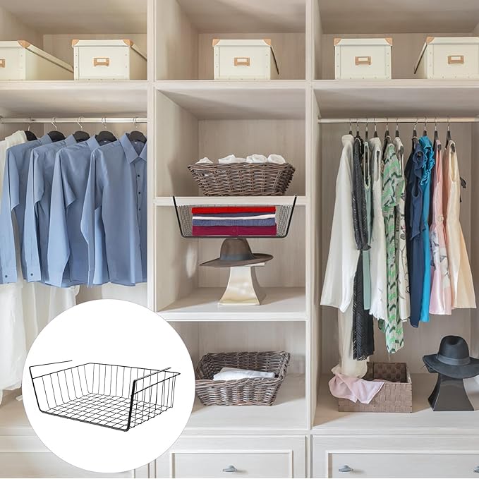 COHEALI under Shelf Hanging Wire Basket Organizer, Black Iron Pantry Storage Rack, Removable Cabinet Shelf Basket for Kitchen and Closet Organization