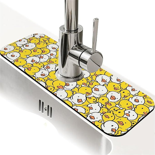 Kitchen Sink Splash Guard，Cute Duck Faucet Mat Sink Gadgets-Super Absorbent Fast Drying Mat Drip Catcher for Kitchen, Bathroom,Sink Mat, Dish Drying Mat, Bathroom(15" X 5.5" )