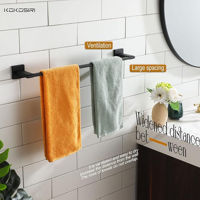 KOKOSIRI 20 Inch Bath Towel Bars Bathroom Towel Racks Towel Holder Towel Rods Kitchen Towel Hanger Bathroom Accessories Stainless Steel Wall Mounted Matte Black B4006BK-L20