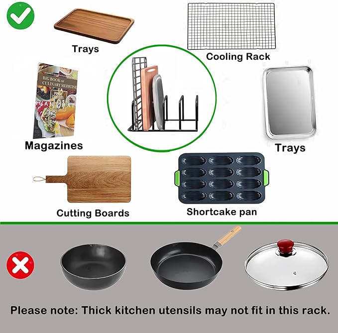 Kitchen Organizer Rack - 5-Slot Heavy Duty Cabinet Storage Organizer for Cutting Boards, Baking Sheets, Pans, Cookie Sheets with Anti-Slip Feet, Countertop or Inside Cabinet (BLACK-X-1 Pack)