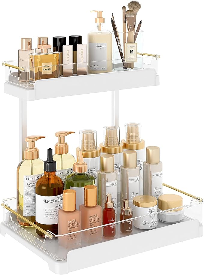 FOLLOWIN 2-Tier Bathroom Organizer Countertop,Perfume Vanity Organizers and Storage,Make Up Organizers for Counter,Makeup Storage,Removeable Vanity Trays,White