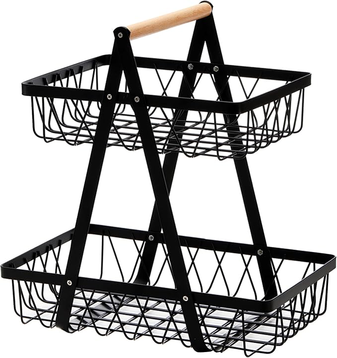 Dicunoy Metal Storage Basket with Handles, 2 Tier Wire Snack Organizer Bin for Office Cournertop, Rustic Black Basket for Home, Kitchen, Pantry, Fruit, Coffee, Pasta, Bathroom, Living Room