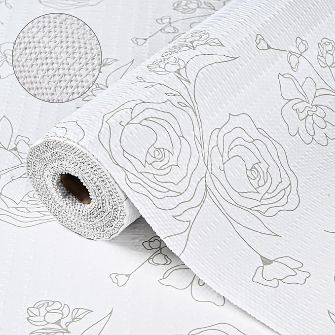 Floral Drawer Liner for Kitchen Cabinet 12 in x 30FT, Non-Adhesive Shelf Liner Non-Slip Strong Grip Cabinet Liners, Thickened Shelf Paper Easy to Clean for Tool Box Pantry, Cupboard Liner, Gray
