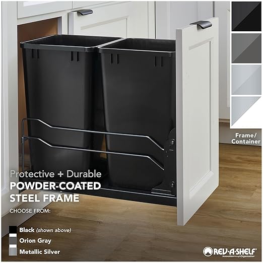 Rev-A-Shelf Double Pullout Trash for Full Height Kitchen Cabinets 50 Quart 12.5 Gallon with Soft-Close Slides, Metallic Silver, 53WC-2150SCDM-217