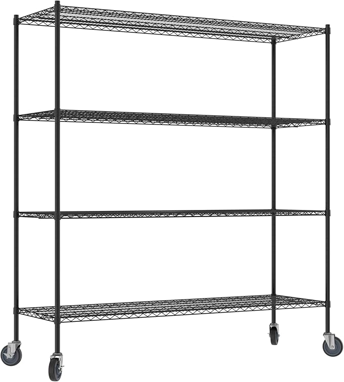 Commercial NSF Listed Black Epoxy Mobile Wire Shelving Kit 24" x 72" x 80", with 4 Shelves Perfect for Warehouse, Walk-in Refrigerator, Freezer, Grocery Store, Restaurant, Dishroom