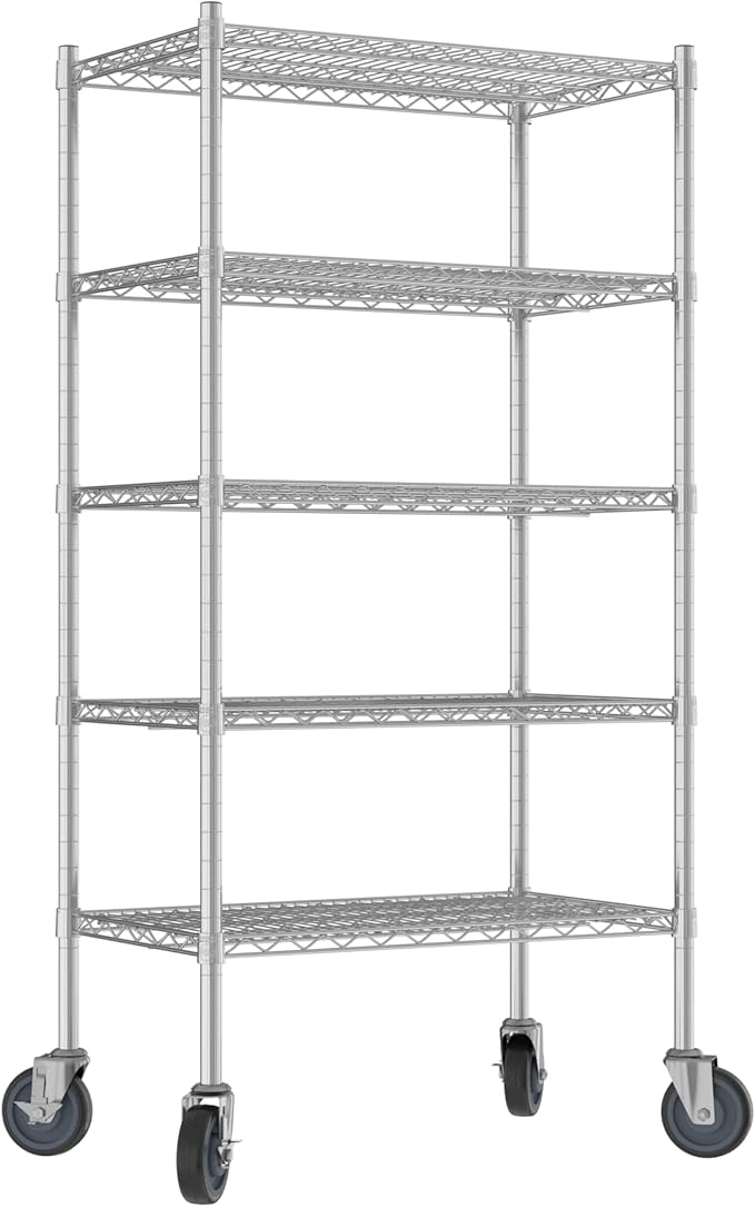Commercial NSF Listed Chrome Mobile Wire Shelving Kit 18" x 30" x 60", with 5 Shelves Perfect for Warehouse, Walk-in Refrigerator, Freezer, Grocery Store, Restaurant, Dishroom