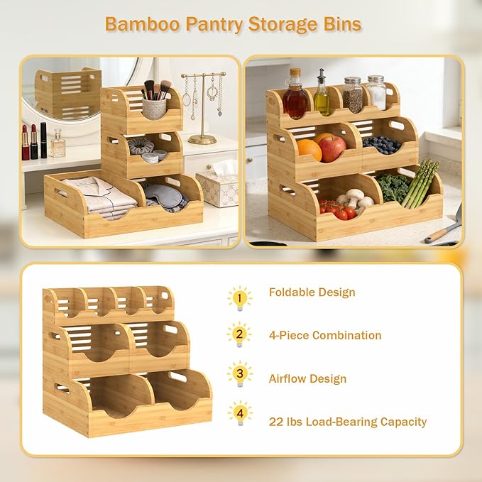 Upgraded 3 Tier Bamboo Pantry Storage Bins, Stackable Potato and Onion Storage Bin with Airflow Vent, Potato Storage, Pantry Baskets, Vegetable Storage, for Kitchen Countertop, Cabinet, Living Room