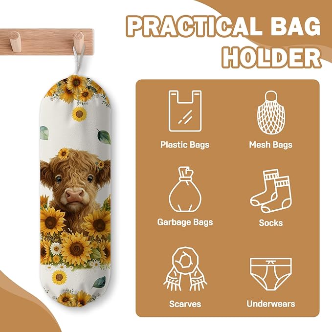 Plastic Bag Holder, Grocery Bag Organizer Storage, Kitchen Dispenser Holders Reusable Shopping with Adjustment Drawstring Closure for Kitchen Farmhouse Decor, Highland Cow