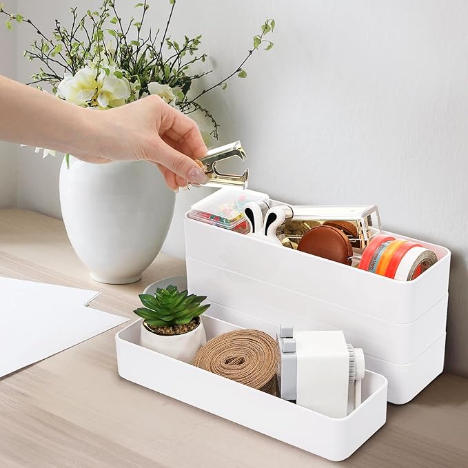6 Pack Plastic Drawer Organizer, 10'' x 3.3'' x 1.8'' White Stackable Vanity Storage Tray, Narrow Rectangular Organizer Bins for Makeup, Bathroom, Kitchen, Office Desktop Supplies