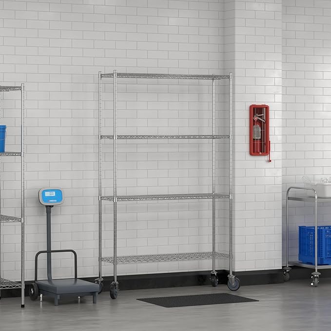 Commercial NSF Listed Chrome Mobile Wire Shelving Kit 14" x 48" x 80", with 4 Shelves Perfect for Warehouse, Walk-in Refrigerator, Freezer, Grocery Store, Restaurant, Dishroom