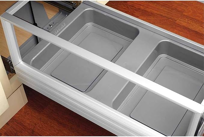Rev-A-Shelf Double 50 Quart Pull Out Trash Can for Base Kitchen Cabinets, Storage Garage Bin on Wire Basket with Soft Close, Silver, 5149-2150DM-217