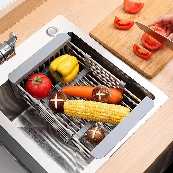Extend Kitchen Sink Drain Basket,Stainless Steel Retractable Sink Rack,Over Sink Dish Rack,Portable Telescopic Kitchen Sinks Accessories,Extender Basket for Vegetables Fruits and Dishes(Black,Small)