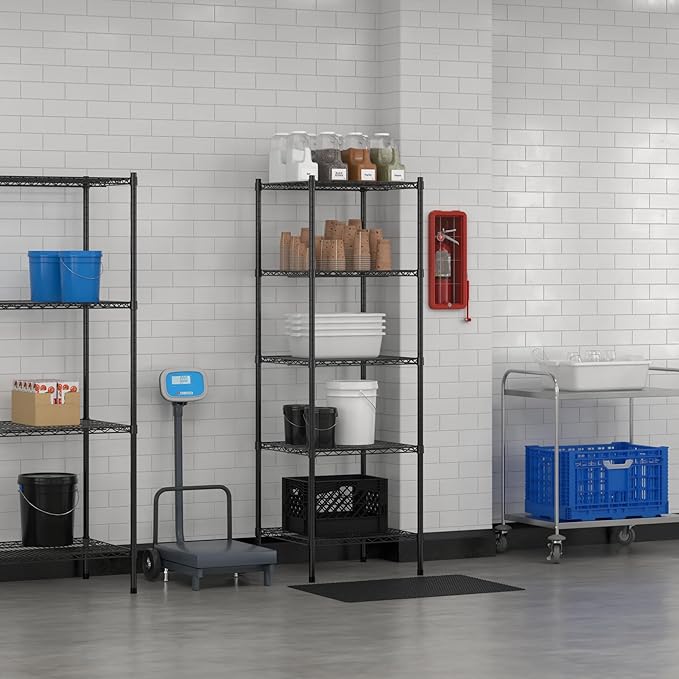 Commercial NSF Listed Black Epoxy Stationary Wire Shelving Kit 24" x 24" x 74", with 5 Shelves Perfect for Warehouse, Walk-in Refrigerator, Freezer, Grocery Store, Restaurant, Dishroom