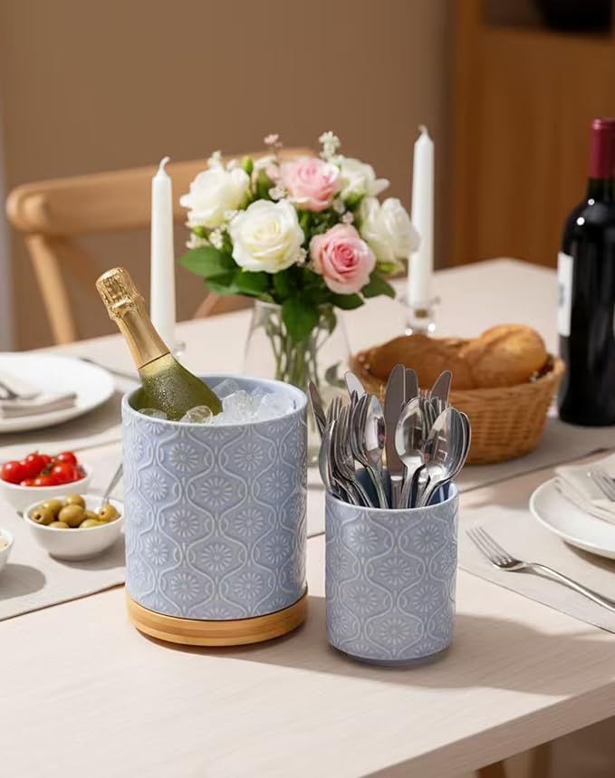 TEATALK Utensil Holder Set of 2, 7.7"+5.7" Ceramic Kitchen Utensil Holder for Countertop, Farmhouse Vintage Utensil Crock, 360° Rotating Large Utensil Organizer, Light Blue