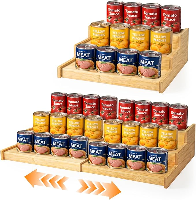 Expandable Bamboo Can Organizer Rack for Pantry Cabinet, 3-Tier Adjustable Can Storage Holder, Soda Organizer Holds Up to 24 Cans, Canned goods Storage Display for Countertop