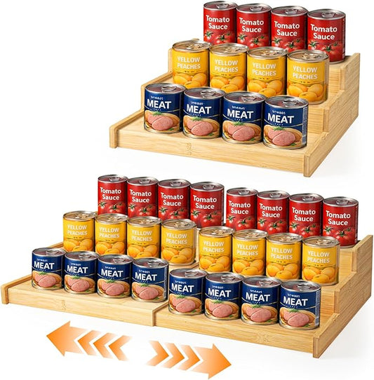 Expandable Bamboo Can Organizer Rack for Pantry Cabinet, 3-Tier Adjustable Can Storage Holder, Soda Organizer Holds Up to 24 Cans, Canned goods Storage Display for Countertop