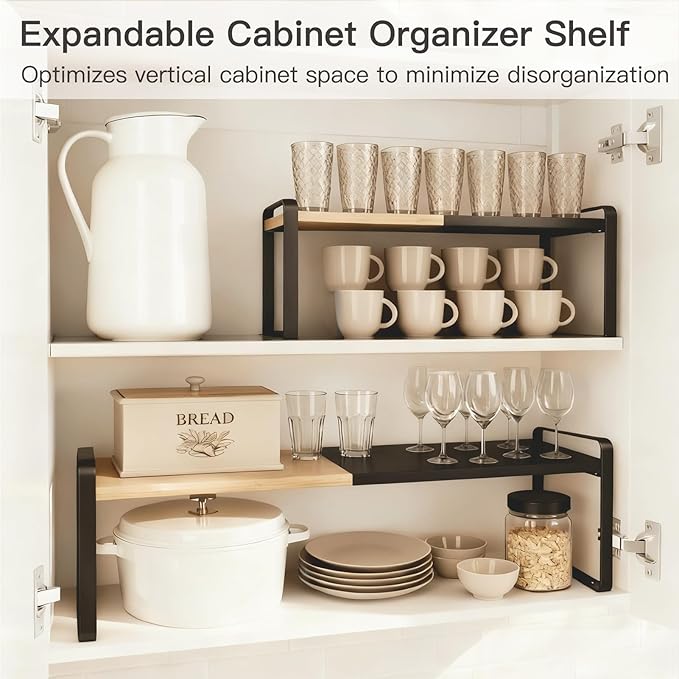Countertop Spice Rack & Cabinet Shelf Organizer, Metal Desk Shelf Riser for Office, Industrial Black Desktop Stand for Computer Monitor, Printer & Keyboard Storage (Black)