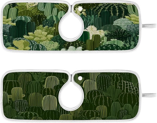 2 PCS Kitchen Sink Splash Guard 14.9 Inch Faucet Mat for Kitchen Sink Bathroom Sink Faucet Absorbing Drip Drain Mat Pad Microfiber Soft Washable Dark Green Cactus Plants