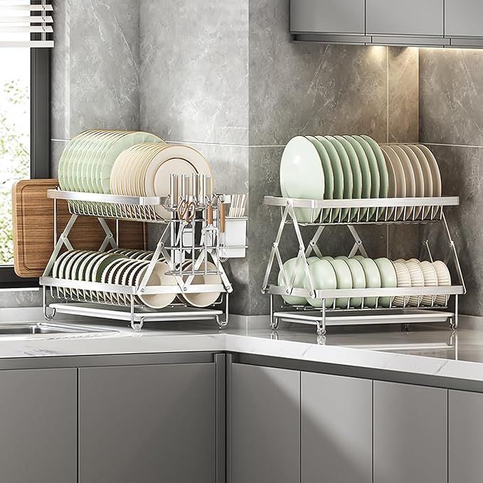Dish Drying Rack, 304 Stainless Steel Foldable 2 Tier with Hanging Rack for Kitchen Counter, Dish Rack for Dishes, Utensils, Knives and Cutting Board