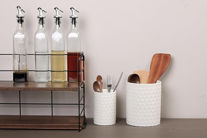 Docrin Ceramic Kitchen Utensil Holder 2 Pack - 6.8"+5.1" Inch Countertop Storage Organizer, Non-Slip Base, Easy to Clean, Elegant White Ceramic Crocks for Spatulas, Spoons, Ladles & Cooking Gadgets