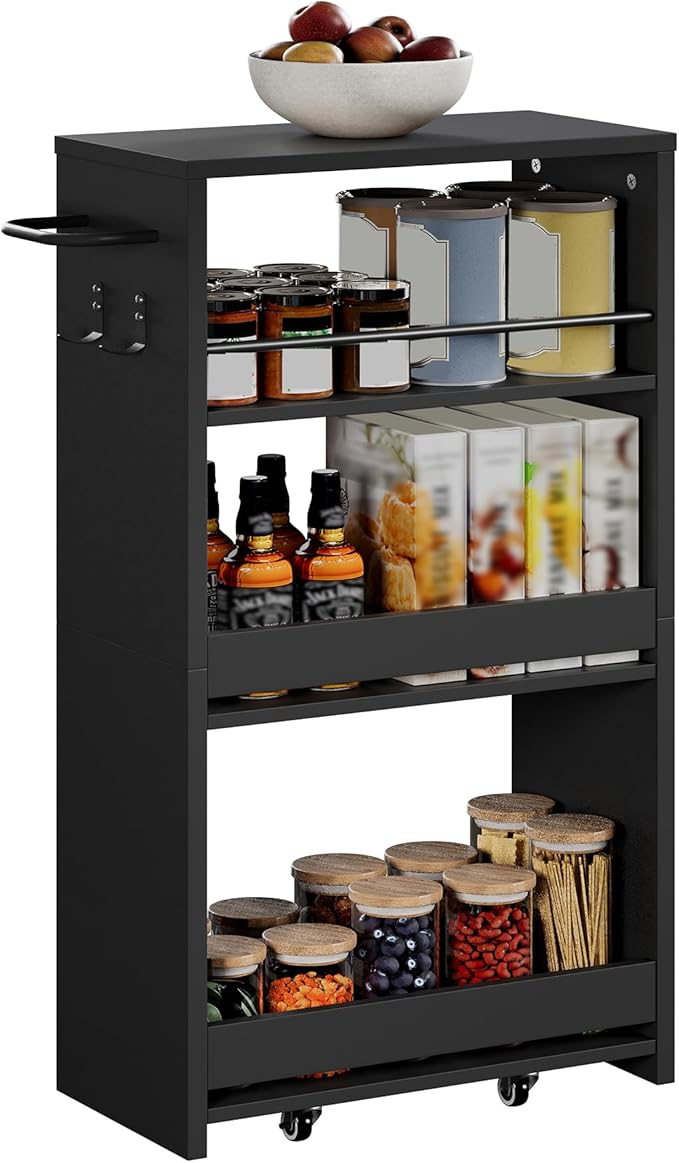ChooChoo 4-Tier Slim Storage Cart, 7.87 inches Wide Narrow Storage Cabinet with 360° Wheels and 2 Hooks, Space-Saving Organizer for Kitchen, Narrow Places, Laundry Room, Black