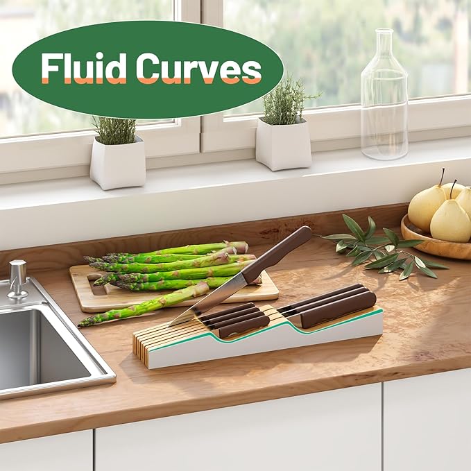 Knife Drawer Organizer, Bamboo Wood Knife Holder, White Knife Block Fit for 7 Knives