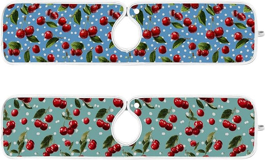 2 PCS Kitchen Sink Splash Guard 23.6 Inch Faucet Mat for Kitchen Sink Bathroom Sink Faucet Absorbing Drip Drain Mat Pad Microfiber Soft Washable Green Blue Cherry and Polka Dots