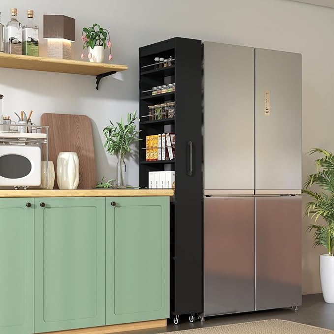 KEIKI 7 Tier Pull-Out Kitchen Pantry Storage Cabinet, Multi-Tier Single-Sided Open Shelf, Spice Rack Next to Fridge, Wood Hutch Food Pantries Cupboard for Coffee Bar, Dining Room, Narrow Spaces