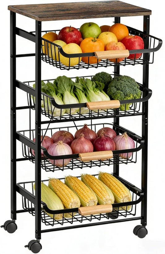 5-Tier Kitchen Rolling Utility Cart Storage with Wheels&Wood Top,Pull-Out Hollow Metal Basket Stand for Fruit Potato Onion Vegetable Snack Produce,Black