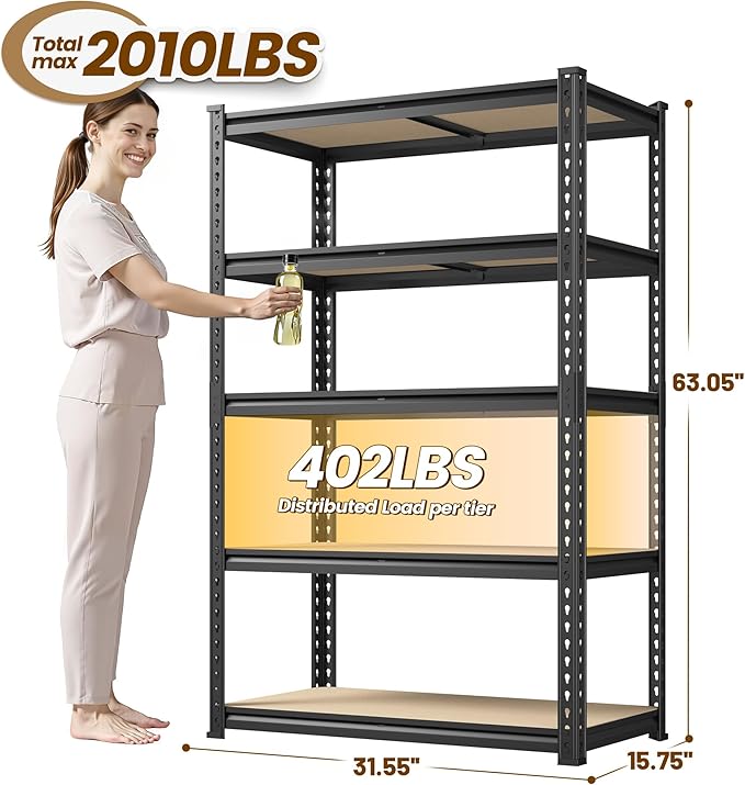 5-Tier Storage Shelves, 2010LBS Adjustable Pantry Shelves, Metal Shelving Unit for Kitchen, Pantry, Closet, Laundry, Garage, 15.75" D × 31.55" W × 63.05" H