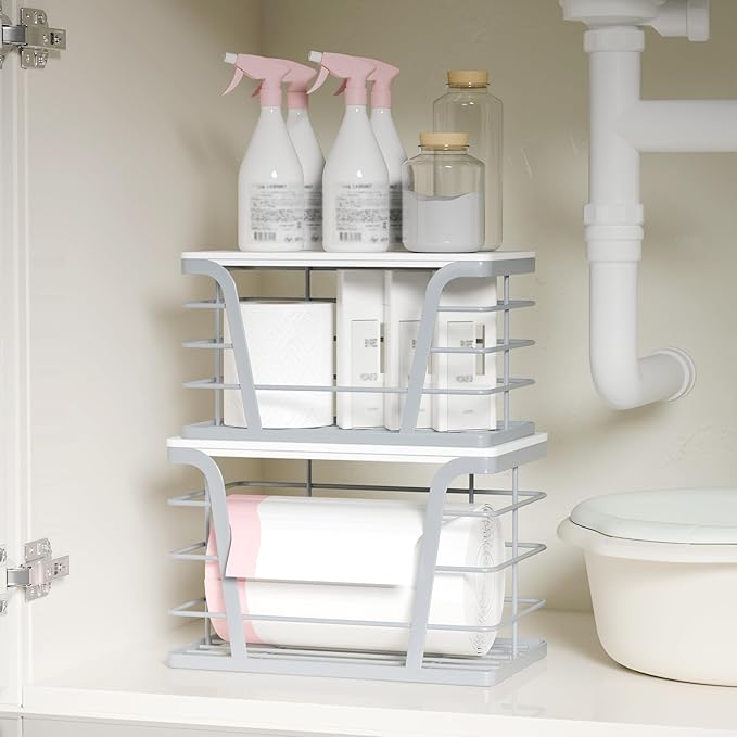 2 Pack Grey Trash Bag Organizer for Kitchen and Pantry, Upgraded Stackable Metal Garbage Bag Holder with Bamboo Top, Modern Under Sink Storage Dispenser for Laundry Room, Garage