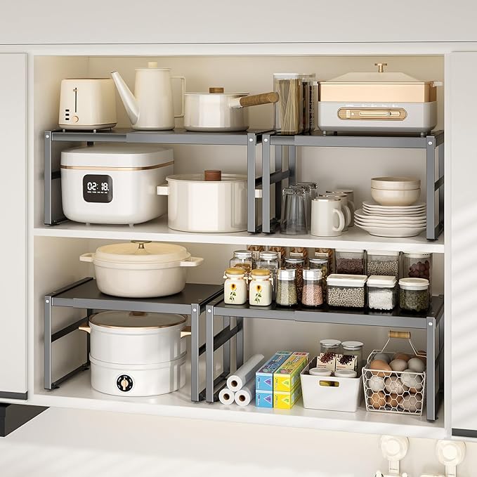 Expandable Cabinet Organizer, Metal Pantry Organizer Spice Rack Storage Shelves for RV,Kitchen, Pantry, Cupboards, Under Sink and Counter Storage,Office,Adjustable Shelf,Black Large