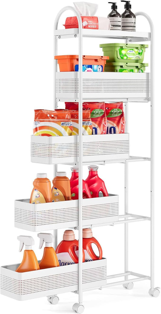 KINGRACK 5-Tier Slim Storage Cart with Pull Out Basket, Rolling Bathroom Organizer Utility, Metal Shelving Unit Slide Out, Lockable Wheels, Easy Assembly for Narrow Place, Kitchen, Laundry Room, White
