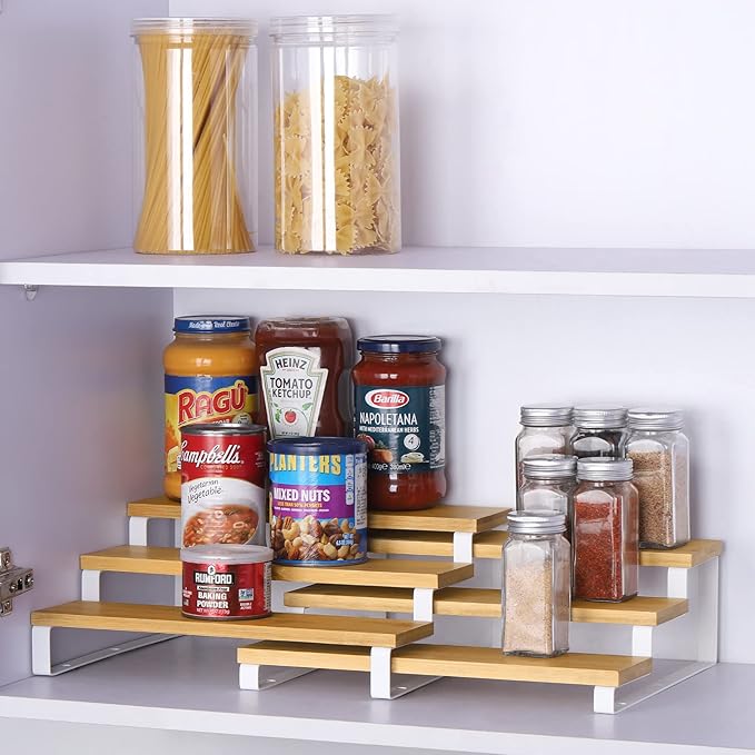 2 Pack Expandable Spice Rack Organizer for Cabinet – 3 Tier Wood & Metal Shelf Spice Rack, Adjustable Seasoning Organizer for Kitchen Counter, Pantry or Bathroom Storage, White Frame