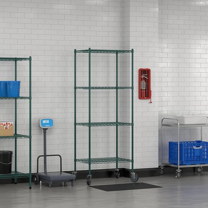 Commercial NSF Listed Green Epoxy Mobile Wire Shelving Kit 21" x 30" x 80", with 4 Shelves Perfect for Warehouse, Walk-in Refrigerator, Freezer, Grocery Store, Restaurant, Dishroom