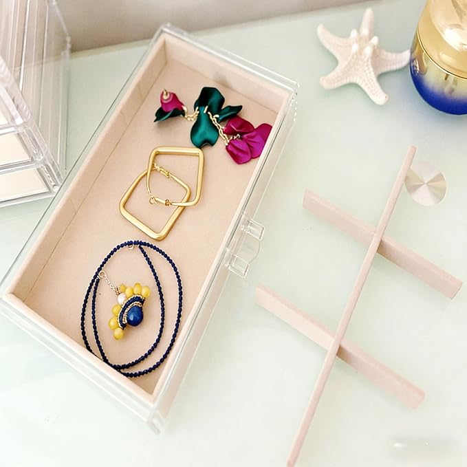 Clear Acrylic Jewelry Organizer with 5 Drawers, Acrylic Jewelry Box with Velvet Trays for Women, Transparent Earrings Display Holder for Storing Necklaces Earrings Rings, Beige