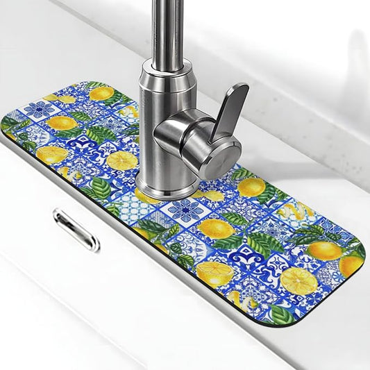 Yellow Lemon Mediterranean Lemons And Blue Tiles Kitchen Sink Splash Guard Faucet Mat Super Absorbent Fast Drying Mat Sink Gadgets-Fast Drying Pad Sink Mat For Kitchen Bathroom (15" X 5.5" )