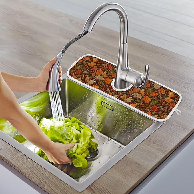 2 PCS Kitchen Sink Splash Guard 14.9 Inch Faucet Mat for Kitchen Sink Bathroom Sink Faucet Absorbing Drip Drain Mat Pad Microfiber Soft Washable Brown Autumn Maple Leaves