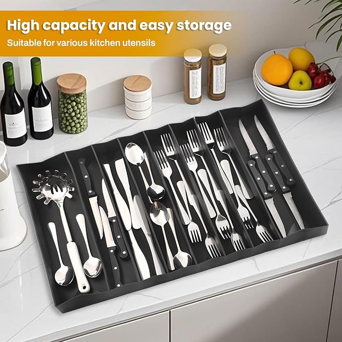Silicone Silverware Drawer Organizer, Expandable Utensil Tray (3.9-22.4" W, 14.9" D, 1.9" H), 8-Compartment Cutlery Holder with Knife Section, BPA-Free, Non-Slip, Black