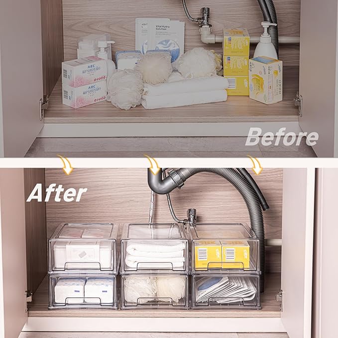 2 Pack Stackable Pull-Out Storage Drawers,Plastic Clear Organizer Bins with Handles,Easily Clean for Craft,and Toy Organization,Kitchen,Undersink,Cabinet,Fridge,Closet,Pantry,Office,Bathroom