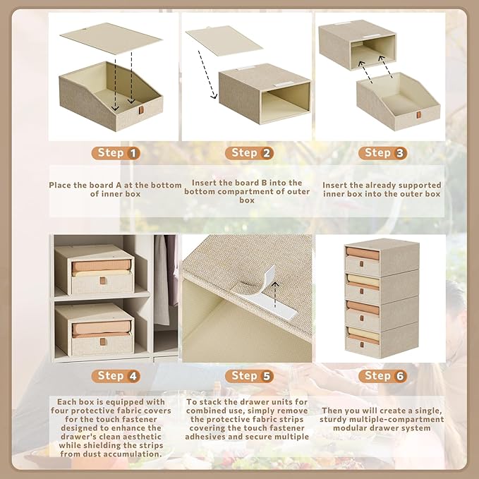 4-Pack Storage Bins with Drawers Large Closet Organizers and Storage Stackable Fabric Clothes Storage Box Collapsible Closet Drawers Organizer for Bedroom Living Room Under Bed (Beige, 21L*4)