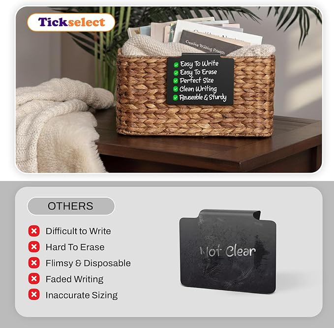 12 Pcs Basket Labels Clip on for Pantry Organization and Storage bin Labels with 2 Markers and 2 Wipe Cloths Reusable Chalk Basket Labels - Black Bin Labels Clip on Chalkboard Basket Tags