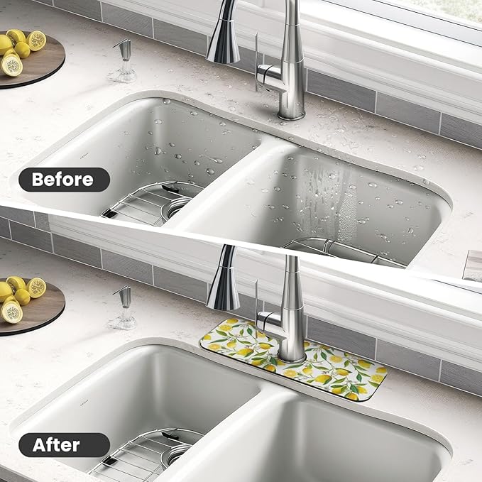 Yellow Lemon Teal Kitchen Sink Splash Guard Faucet Mat 1 Pcs, Absorbent Fast Drying Mat Gadgets Splash Guard For Bathroom 15 X 5.5 Inches