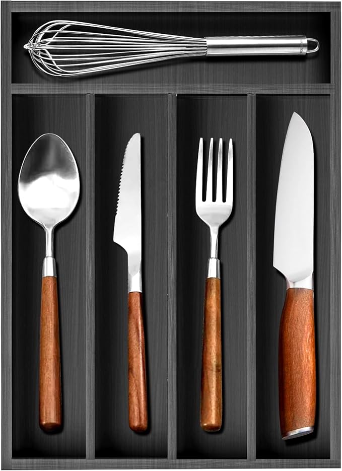 Wooden Silverware Drawer Organizers Black Utensil Trays for Kitchen Drawers Wood Cutlery Tray Flatware Organizer Utensil Holder Drawer Divider Fork Spoon Organizer Storage Bamboo Silverware Tray