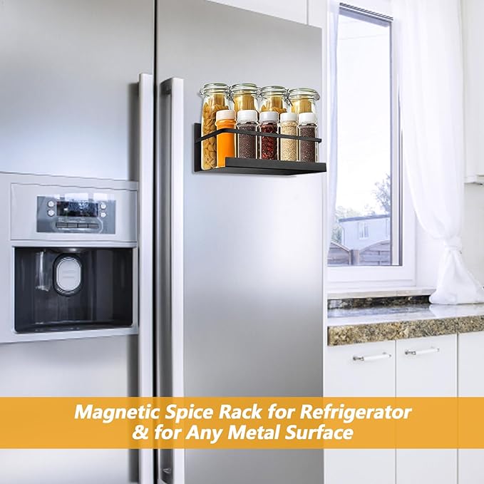 4 Pack Magnetic Spice Rack for Refrigerator, Strong Space Saving Shelf Organizer Single Tier Fridge Spice Storage Black