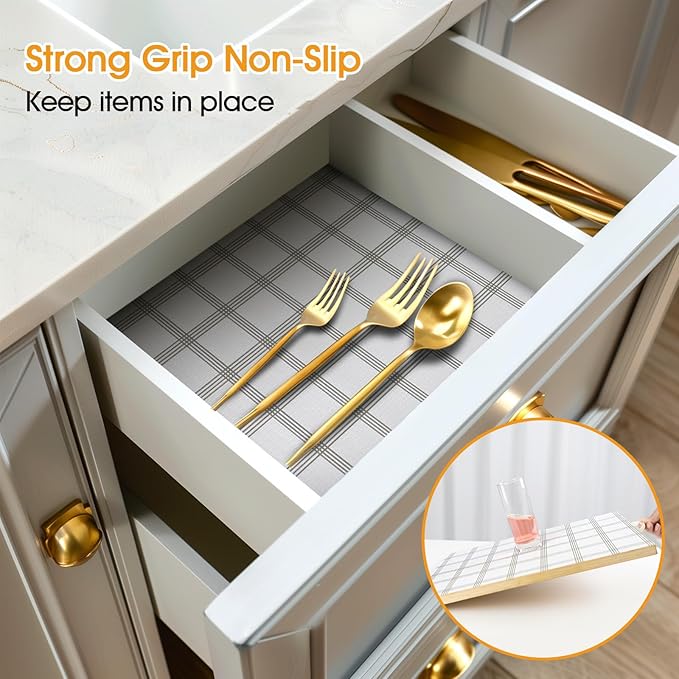 Shinlendid Shelf and Drawer Liner for Kitchen Cabinets Non-Adhesive, Strong Grip Non-Slip Thickened Cabinet Liners for Shelves, Waterproof Mats for Dresser Cupboard, White Square, 23 in x 20 Feet