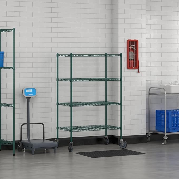 Commercial NSF Listed Green Epoxy Mobile Wire Shelving Kit 21" x 36" x 60", with 4 Shelves Perfect for Warehouse, Walk-in Refrigerator, Freezer, Grocery Store, Restaurant, Dishroom